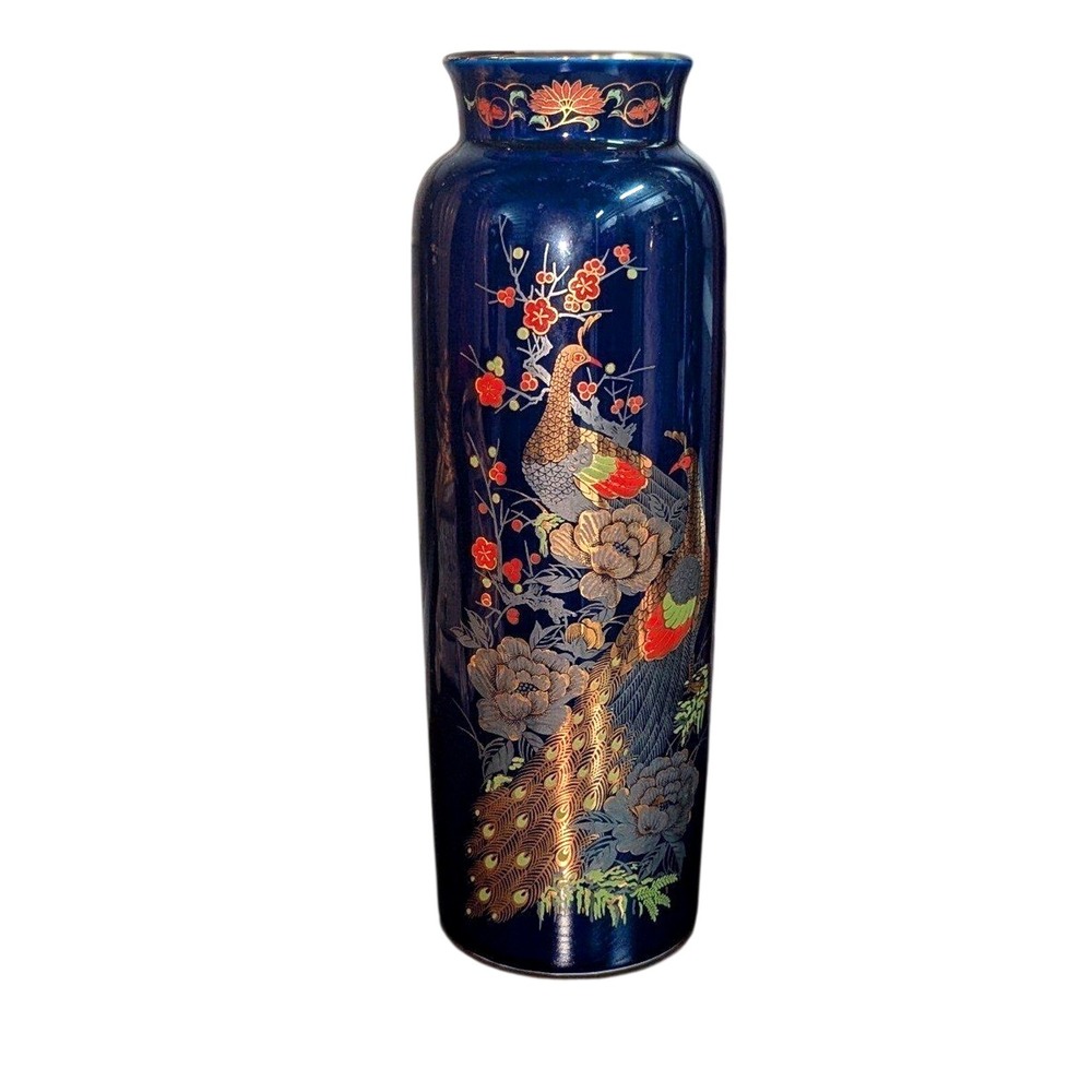 Vintage Japanese Kutani Peacock Floral Blue Enamel Porcelain Vase 9.75"